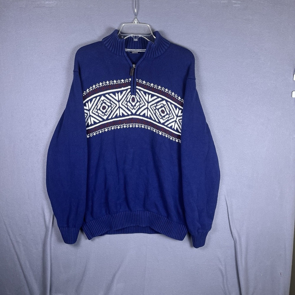 Izod 1/4 Zip Sweater Mens XL‎ Navy Pullover Fair Isle Mock Neck Snowflake Ski